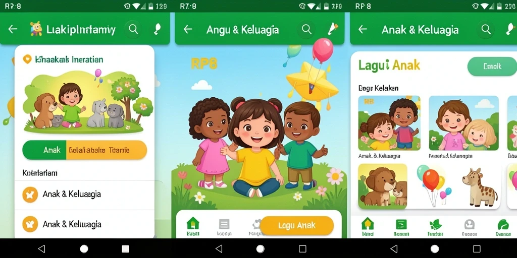 Screenshot utama RP8 menunjukkan antarmuka Lagu Anak yang ceria dan interaktif.