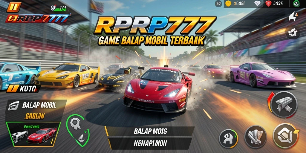 Screenshot antarmuka RPRP777 saat balapan mobil yang mendebarkan.